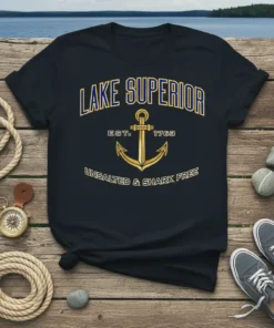 Navy t-shirt featuring "Lake Superior Est. 1763 Unsalted & Shark Free" text with a gold anchor graphic