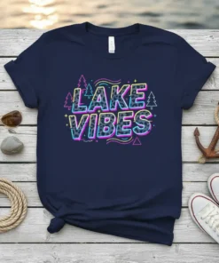 Retro graphic tee with "LAKE VIBES" text in bold leopard print and neon accents, featuring small pine trees and stars