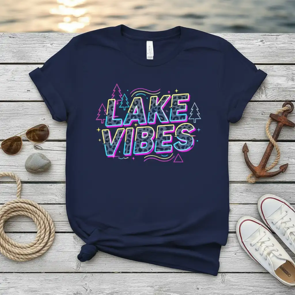 Retro LAKE VIBES graphic tee with leopard print and neon accents, featuring pine trees and stars