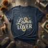 Lama Lover T-Shirt with two llamas and sunflowers in a circular design, navy blue background