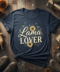 Lama Lover T-Shirt with two llamas and sunflowers in a circular design, navy blue background
