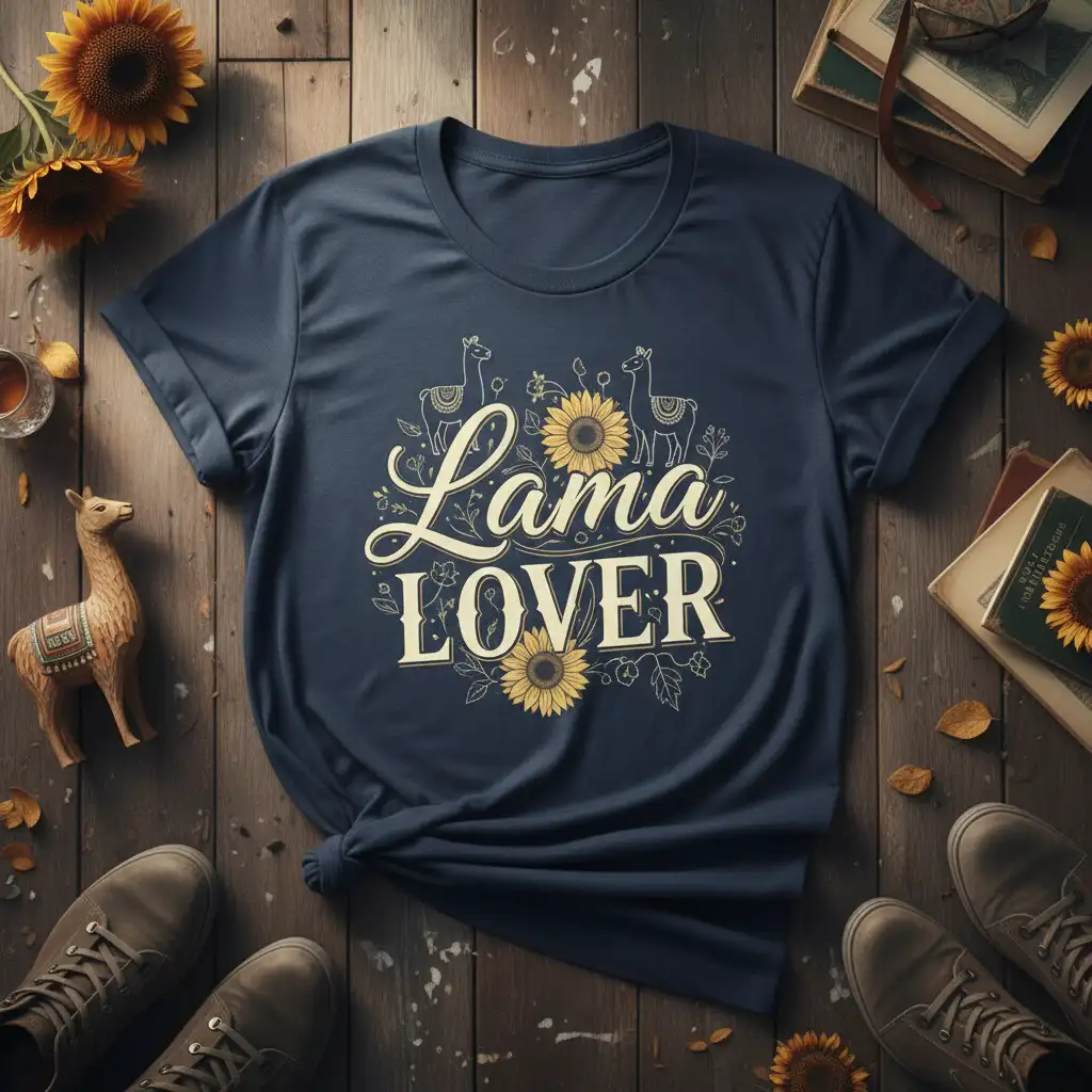Lama Lover T-Shirt design with decorative llamas and sunflowers, showcasing a love for these animals