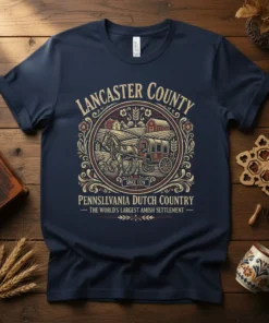 Lancaster County Pennsylvania Dutch Country t-shirt design with horse and buggy, farms, and vintage text "Since 1729"