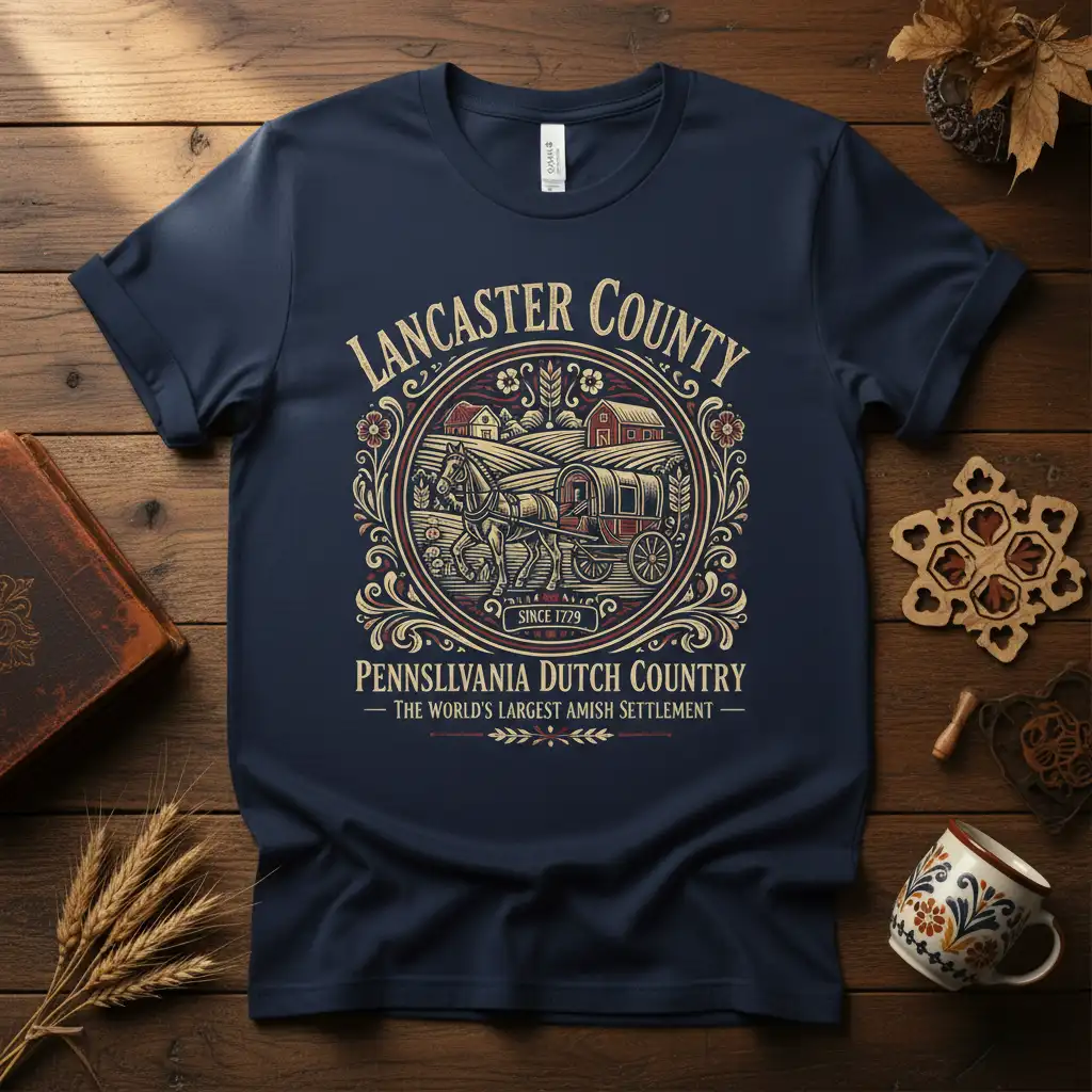 Lancaster County Pennsylvania Dutch Country design with horse and buggy, farms, and historical settlement text
