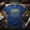 Blue t-shirt with gold text "LAND INVESTOR Turning Dirt Into Ca$h" featuring city skyline and mountain graphic