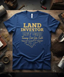 Blue t-shirt with gold text "LAND INVESTOR Turning Dirt Into Ca$h" featuring city skyline and mountain graphic