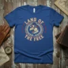 Land of the Free patriotic eagle design with goggles and stars on a blue t-shirt