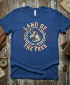 Land of the Free patriotic eagle design with goggles and stars on a blue t-shirt