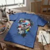 T-shirt with "large nose" text and a colorful, abstract dog face graphic in black, white, red, blue, and yellow
