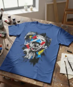 T-shirt with "large nose" text and a colorful, abstract dog face graphic in black, white, red, blue, and yellow