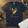 T-shirt design featuring the text "Larnel yoved elan you" above a colorful flying conure parrot