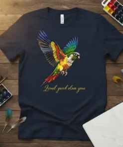 T-shirt design featuring the text "Larnel yoved elan you" above a colorful flying conure parrot