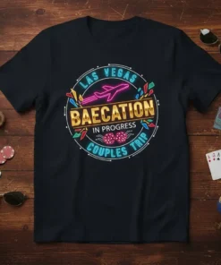 BAECATION IN PROGRESS COUPLES text design featuring bold typography on quality t-shirt