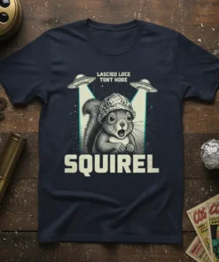 LASCİED LOCE TUNT HOBE SQUİREL t-shirt with alien abduction theme and surprised squirrel wearing a helmet