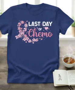 Last Day of Chemo t-shirt with cherry blossom graphic and pink heart details
