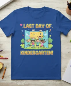 Last Day of Kindergarten text with cheerful cartoon children running out of an open door, celebrating school's end