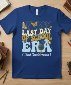 Last Day of School Era Third Grade Version t-shirt with retro wavy font and globe graphic