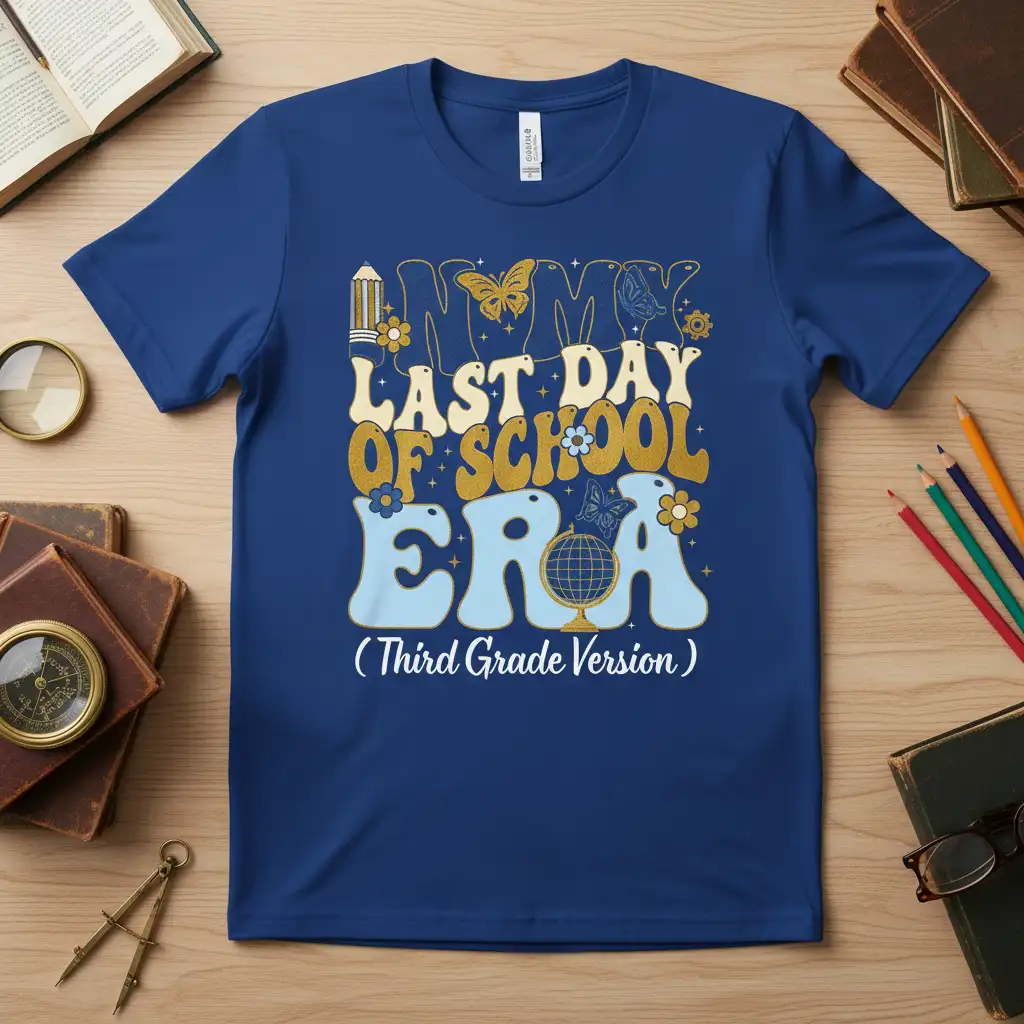 Last Day of School Era Third Grade Version tee featuring retro wavy text and school-themed graphics