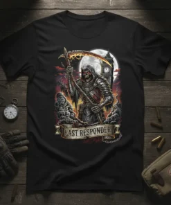 Last Responder t-shirt design with Grim Reaper holding a scythe and Big Ben clock tower in the background