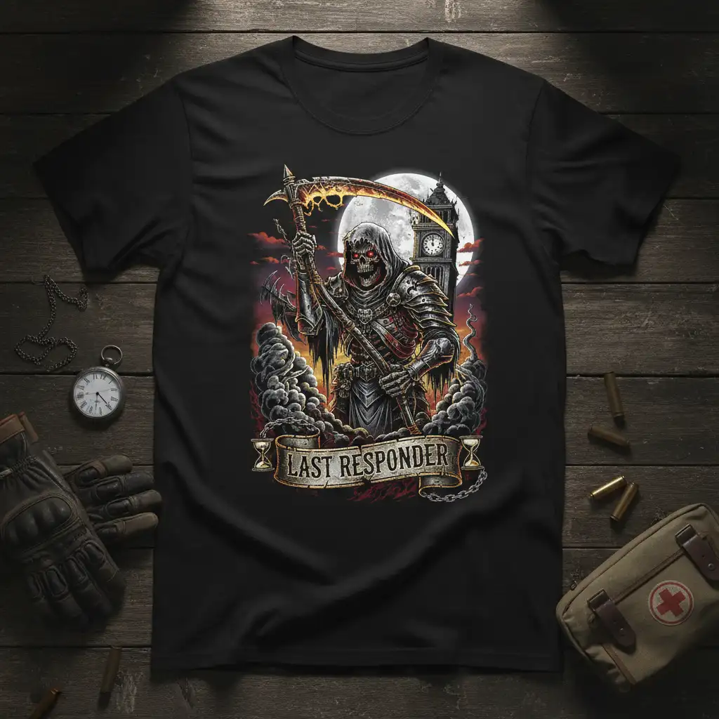 Last Responder t-shirt graphic featuring a Grim Reaper figure with a scythe and clock tower backdrop