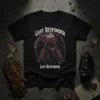 Black t-shirt with "Last Responder Last Responder" text and a grim reaper graphic with wings and a scythe