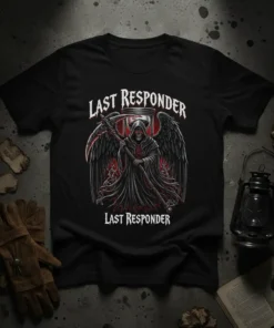 Black t-shirt with "Last Responder Last Responder" text and a grim reaper graphic with wings and a scythe