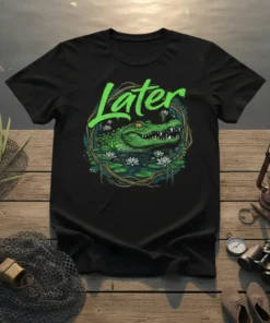 Black t-shirt with the word "Later" above a detailed illustration of an alligator in a swamp with lily pads