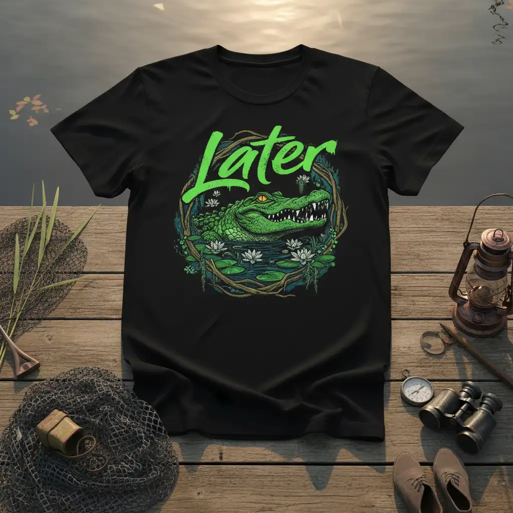 Later alligator swamp life t-shirt design featuring a detailed green alligator illustration