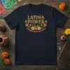 Latina Power Hispanic Heritage Month text with floral accents on a navy t-shirt