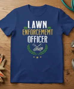 Lawn Enforcement Officer t-shirt with white and gold text, featuring a lawnmower and scissors emblem