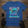 Lax Brothers t-shirt design with a teal lacrosse helmet and crossed sticks, vibrant background, and text "LAX BROTHERS"