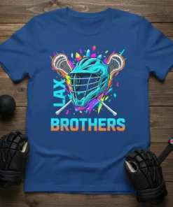 Lax Brothers t-shirt design with a teal lacrosse helmet and crossed sticks, vibrant background, and text "LAX BROTHERS"
