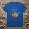Le Poisson Steve French fish cartoon design on a blue t-shirt, featuring playful typography and a quirky orange fish character