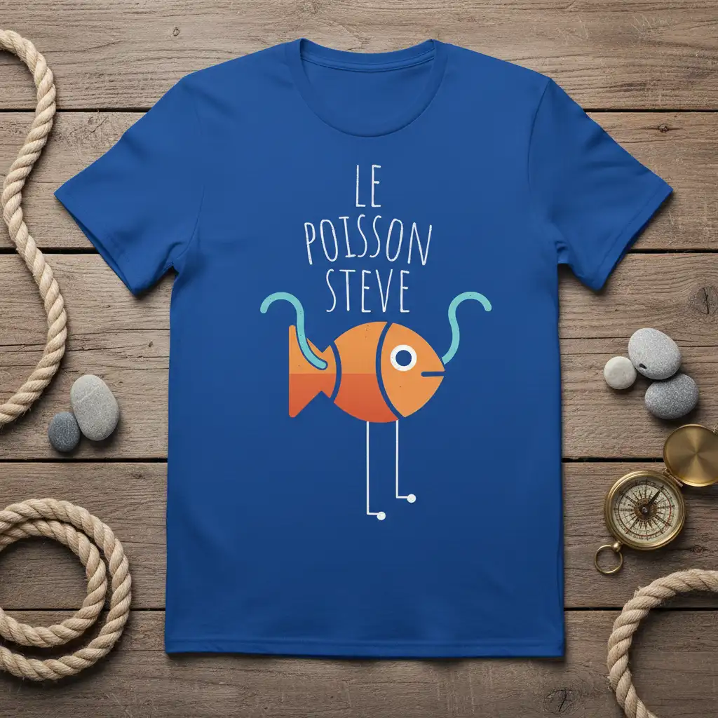 Le Poisson Steve quirky French fish cartoon t-shirt design with playful text and character illustration