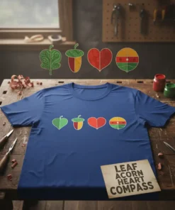 LEAF ACORN HEART COMPASS creative graphic design printed on comfortable cotton t-shirt