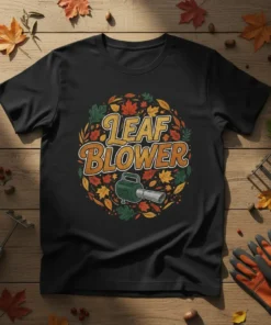 Leaf Blower t-shirt design with autumn leaves and a graphic of a leaf blower, featuring the text "LEAF BLOWER"