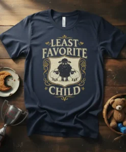 Least Favorite Child text design with a black sheep and two white sheep in a crest, on a navy t-shirt
