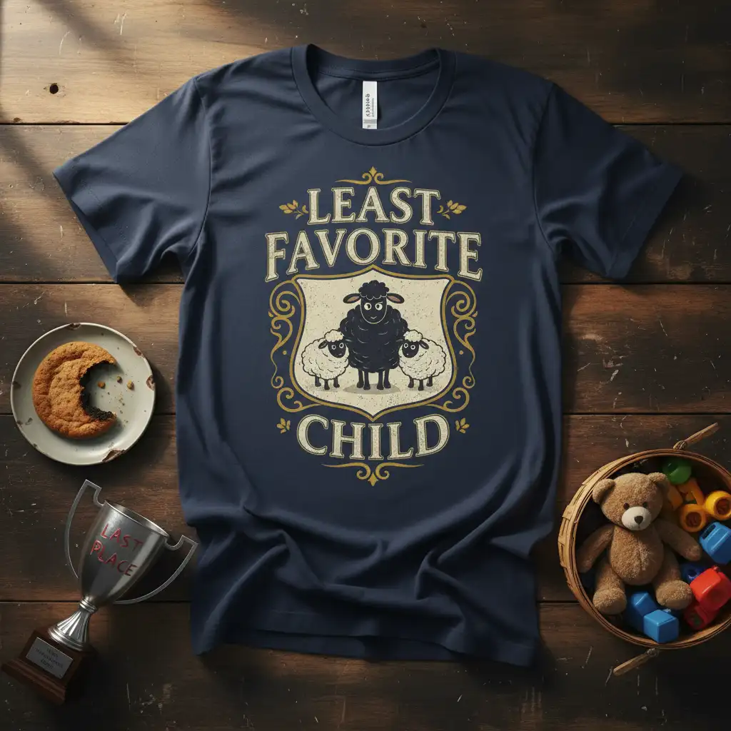 Least Favorite Child quote with black and white sheep crest on a navy t-shirt graphic