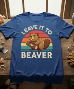 Leave It To Beaver quote with a cartoon beaver holding a log on a retro sunset background, printed on a