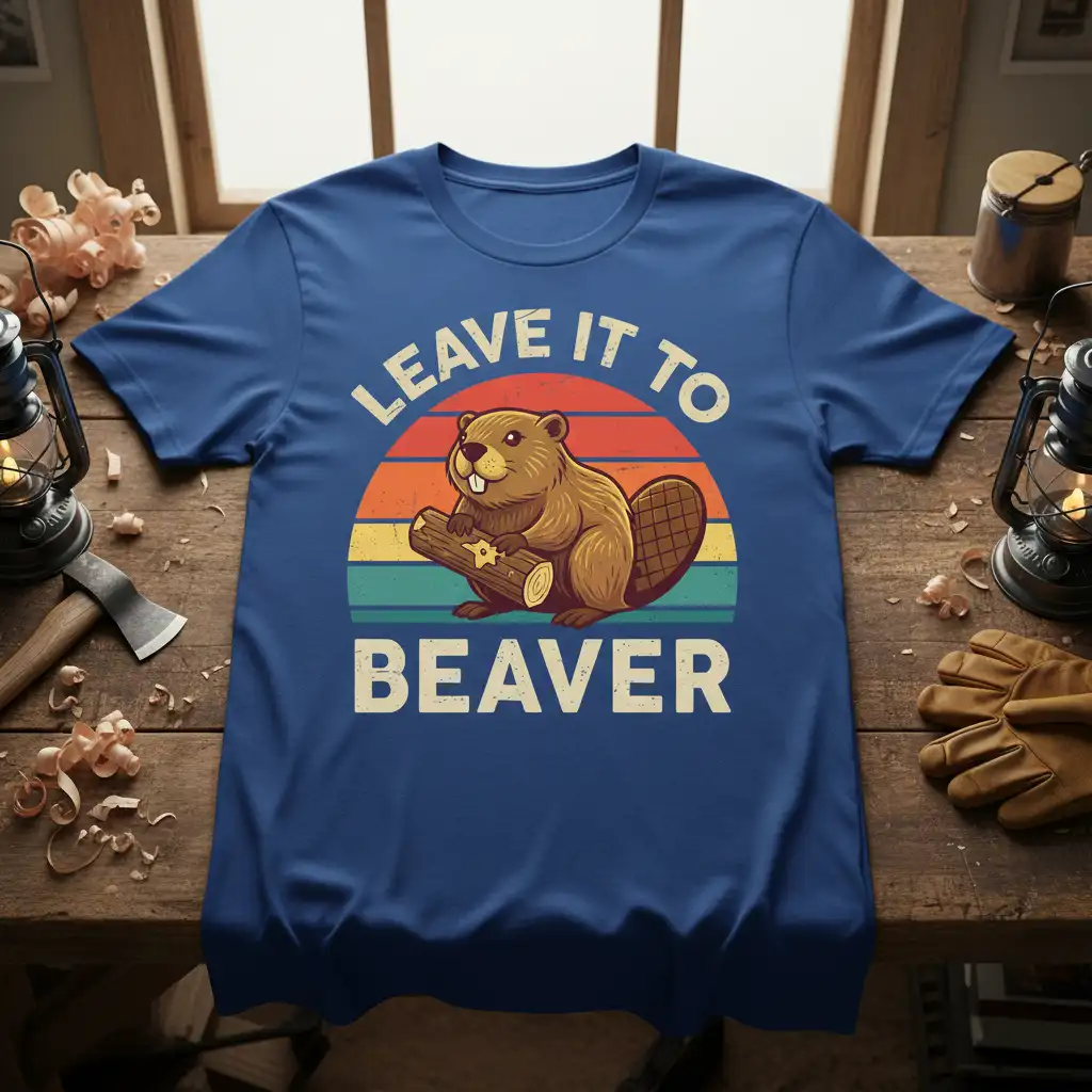 Leave It To Beaver quote with charming beaver graphic and retro sunset, printed on a blue t-shirt