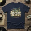 Leave me MALONE t-shirt with retro boombox graphic and musical notes, navy blue tee
