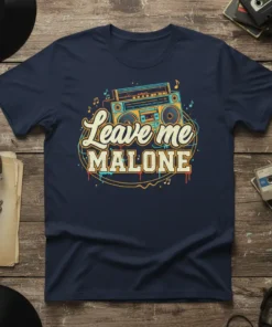 Leave me MALONE t-shirt with retro boombox graphic and musical notes, navy blue tee