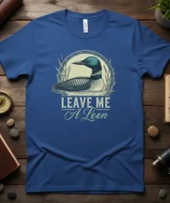 Leave Me A Loon t-shirt design featuring a loon in water with reeds, text "LEAVE ME A Loon" in vintage