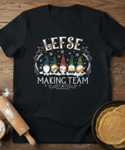 Lefse Making Team t-shirt design featuring cute gnomes holding baking tools and the text "Lefse Making Team"