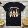 Lefse Rolling TEAM t-shirt design featuring three gnomes holding rolling pins over dough bowls, with stars and polka dots
