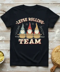Lefse Rolling TEAM t-shirt design featuring three gnomes holding rolling pins over dough bowls, with stars and polka dots