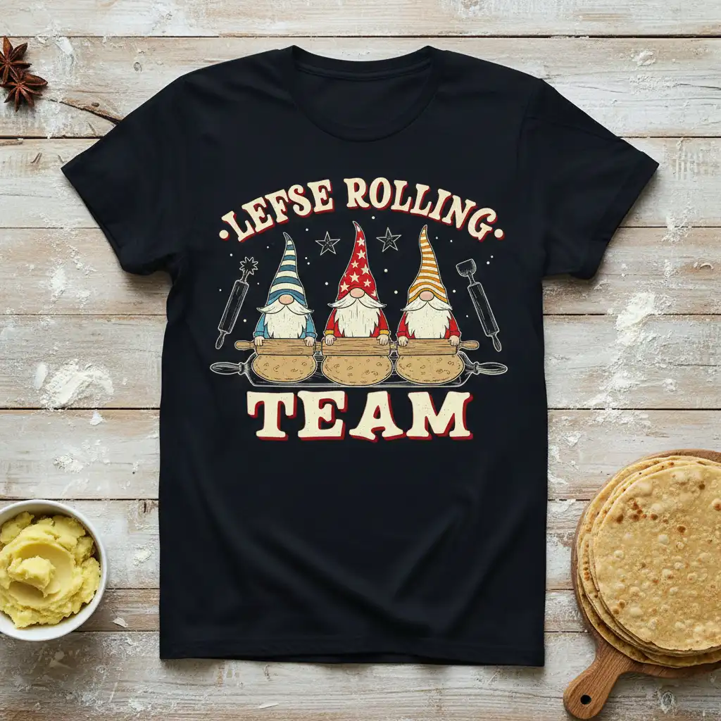 Lefse Rolling TEAM graphic t-shirt with gnomes, rolling pins, and festive holiday elements