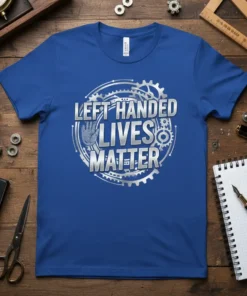 Left Handed Lives Matter t-shirt with silver metallic text and gear graphics, celebrating left-handed pride