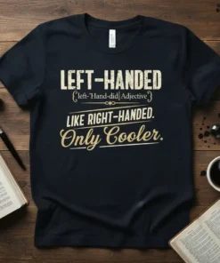 LEFT-HANDED {left-'Hand-did]Adjective LIKE RIGHT-HANDED. Only Cooler. text on a navy t-shirt, a funny slogan for left-handed people