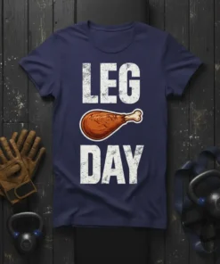 Navy blue t-shirt with "LEG DAY" text and a roasted chicken leg graphic, perfect for gym humor and workout motivation